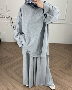 Set da Donna Musulmano Wilson in Jersey di Cotone Abito Modesto Taglie Forti Grigio Abaya Maxi Dress con Top Abbinato - Product Image 4