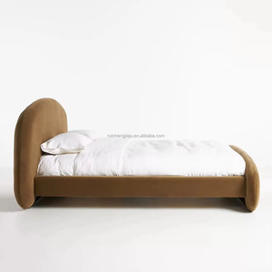 Letto matrimoniale curvo Wabi-sabi in <span class=keywords><strong>velluto</strong></span> color caramello vintage, letto king size moderno di lusso per camera da letto padronale, letto minimalista in tessuto - Product Image 3