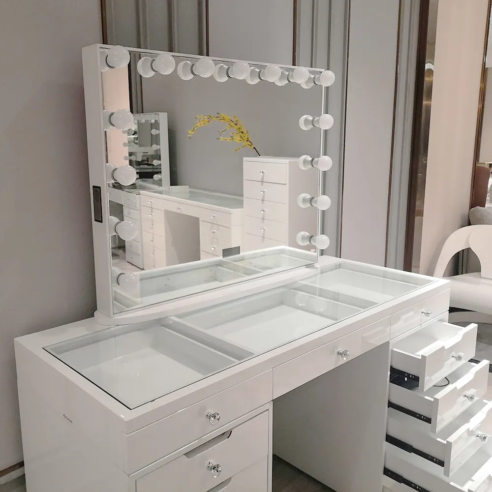 Stock in US! Docarelife Modern Home Furniture White Glass Bedroom Dresser Makeup Vanity Table with Mirror