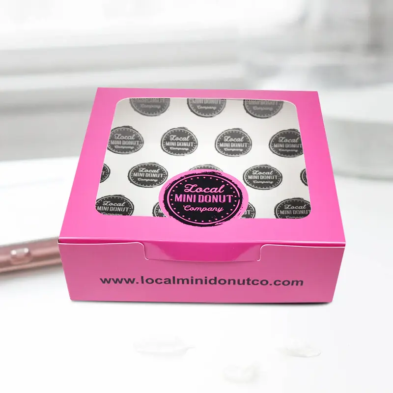 Özel tasarım baskılı katlanır düz Mini çörek ambalaj kutusu ile Logo gıda ambalaj ile çörek için pencere