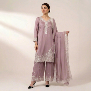 <b>Women</b> Traditional Lavender Rayon <b>Kurta</b> Set Loose Fit Embroidered India Pakistan Style Casual Wear Floor-Length - Product Image 1