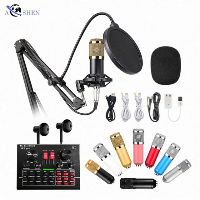 Home Studio Live Desktop Wired Microphone Sound Card Arm Stand Set Audio Interface for Broadcasting Fm Broadcast Transmitter