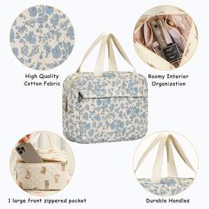 Tas <span class=keywords><strong>Makeup</strong></span> koket quilt besar, <span class=keywords><strong>Organizer</strong></span> kosmetik perjalanan katun bunga Preppy lucu dengan pegangan atas multi-lapisan kantung perlengkapan mandi - Product Image 4