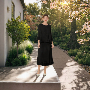 Ensemble 2 pièces décontracté tissé uni Hiver 2025 pour femme – Haut col en V à manches longues coupe classique et jupe midi en polyester/coton peigné - Product Image 3