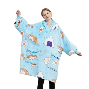 Op Maat Gemaakte Blauwe Sushi Kleur Bovenkleding Dikke Warme Flanellen Fleece Hoodie Deken Met Lakzakken En Lange Mouw