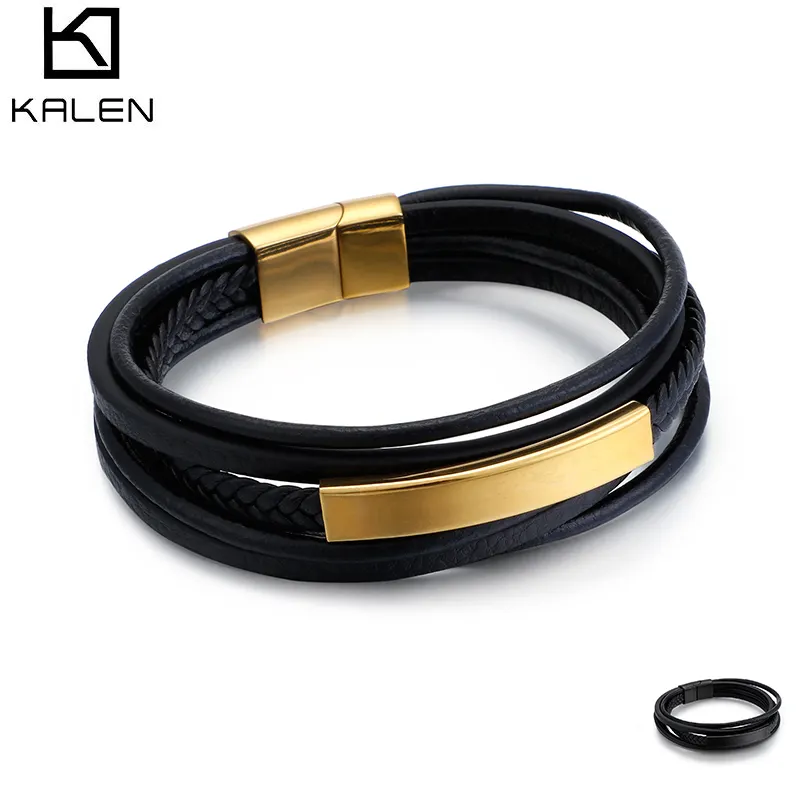 KALEN 220*8mm 다층 가죽 골드 실버 블랙 스테인레스 스틸 팔찌