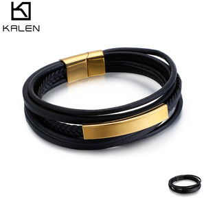 KALEN 220*8 millimetri Multi Strato di Pelle Da <span class=keywords><strong>Uomo</strong></span> In Oro <span class=keywords><strong>Argento</strong></span> Nero <span class=keywords><strong>Bracciale</strong></span> In Acciaio Inossidabile - Product Image 1