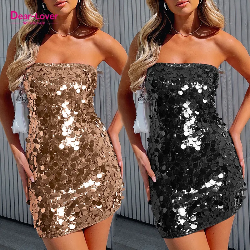 Dear-Lover Off Shoulder Dresses Strapless Bodycon Mini Mulheres Lady Elegante Luxo Lantejoula Party Vestido De Noite