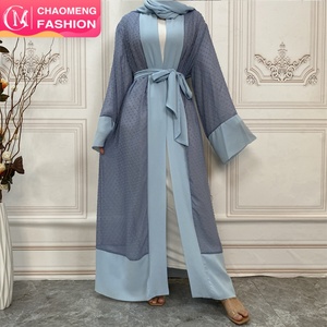 1937# Polka Dot Open Abaya With Scarf White Inner Dress Soft Polyester <b>Summer</b> Modest Fashion Long Sleeve Dubai Abaya - Product Image 1