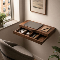 Meuble-lavabo flottant en noyer courbé avec tiroir dissimulé, table de maquillage murale, table miroir et console d'entrée