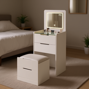 Juego de tocador de maquillaje para dormitorio pequeño 3 en 1, luz de espejo abatible, iluminación de 3 colores, mesa de vidrio Visible, Banco de almacenamiento de 3 cajones para - Product Image 2