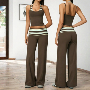 Ensemble pantalon évasé et débardeur sexy à col carré, respirant, élastique, extensible dans les quatre sens, amincissant, avec pli avant à la taille pour femme - Product Image 2