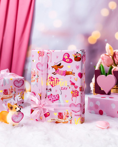 Pink aluminum coated Valentines Day gift <b>wrapping</b> <b>paper</b> with cute puppy and heart pattern design Colorful printing customizable - Product Image 4