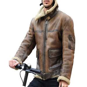 Chaqueta de Cuero Estilo Bomber para Hombre, Chaqueta de Aviador de Piel de Oveja con Forro Cálido, Estilo Motero, Talla Grande - Product Image 1