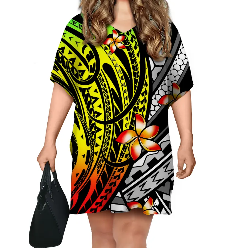 2021 Summer Batwing Sleeve Short Sleeves Free Size Fit All Loose Ponchos Dress Polynesian Tribal Pattern Beach Dresses Women