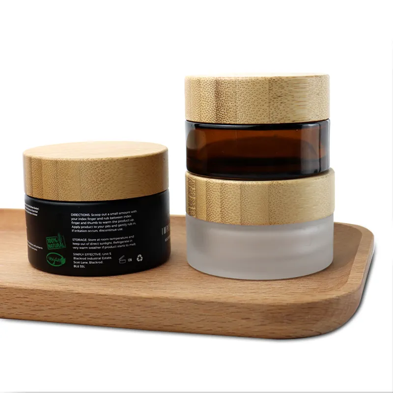 Cosmetic cream 5g 10g 15g 30g 50g 100g 200g cylinder frosted glass face cream jars with real bamboo lid