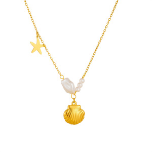 Korean Style Gold Plated Necklace With Pearl Starfish Scallop Pendant Stainless Steel Chain Everyday Wear - Product Image 5