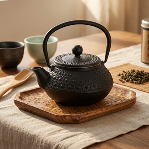 Tetera de metal estilo oriental con tapa y asa, diseño de hierro fundido negro - Product Image 3