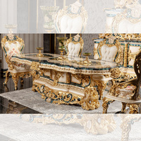 Ensemble de table à manger de style rococo français avec plateau en bois blanc doré de luxe et chaises rembourrées haut de gamme
