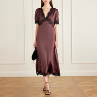 Robe midi élégante en satin violet sur mesure avec bordure en dentelle noire effet cils, manches courtes bouffantes, pour femmes, soirée, cocktail, fête