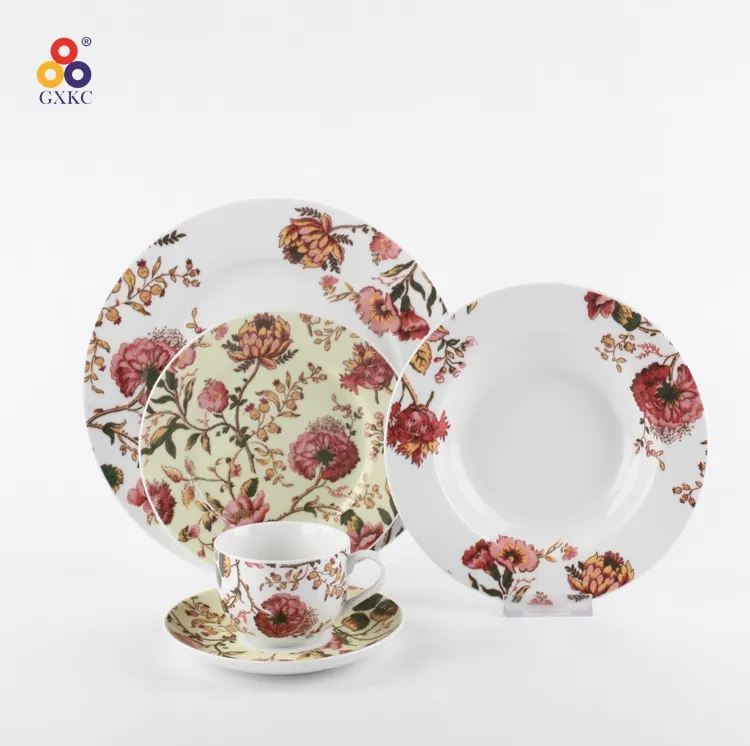 Atacado estilo inglês o melhor conjunto de jantar de porcelana com decalque de flores