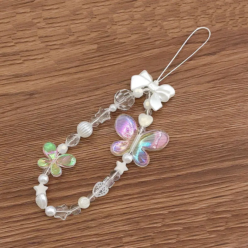 DIY Korea Hot Sale New Arrival Plastic Pearl Phone Butterfly Lanyard Mobile Phone Chain