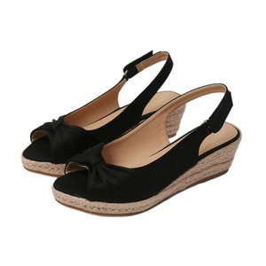 Sandales compensées à bout ouvert pour femme, en matière synthétique, semelle en paille, avec nœud décoratif, rehaussantes, à enfiler, avec bride arrière, pour l'été - Product Image 5