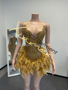 MF Fabricantes de ropa Rhinestone Sexy Cumpleaños Mujeres Pluma Vestido sin tirantes Negro Bodycon Mini vestidos - Product Image 3