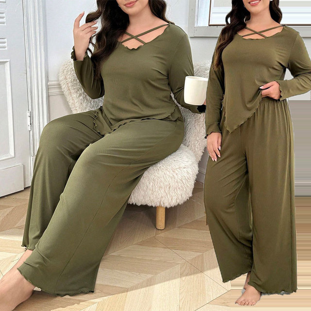 XL-4XL Long-sleeve Irregular Plus-size Pajamas Set Women Spring Autumn Elastic Soft Comfortable Breathable Loose Fit Loungewear