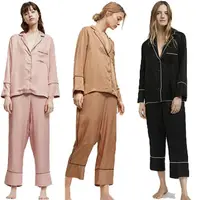 Bayan ipek saten iki parçalı pijama uzun kollu Loungewear pijama gecelik