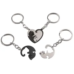 Love black white gold stainless steel bag key ring pendant accessories gift matching cat shape couple keychain