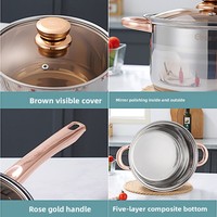 Batterie de cuisine en acier inoxydable avec poignées or rose, fond à induction, couvercles en verre composite 5 couches, comprenant faitout, casserole et poêle à frire
