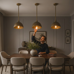 Brass Pendant Light Scalloped Shade Contemporary Ceiling Lamp Indoor Dining Room Decor Modern Interior Lighting - Product Image 1