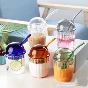 Beautiful design glass coffee cup with lid ans straw glass mugs