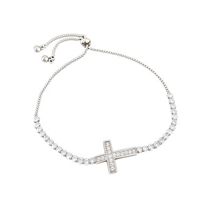 Bracciale Scorrevole Regolabile con Croce e Zirconi per Donna, Placcato in Rame Argento e Oro, Gioiello Religioso Cristiano Minimalista alla Moda - Product Image 1