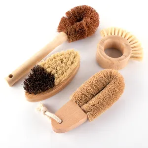 Conjunto de escova de limpeza de madeira, conjunto de escovas de limpeza eco-amigável, de bambu, côco, sisal, garrafa, pote, cabo de madeira