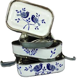 El boyalı öğle yemeği için Bento kutusu emaye paslanmaz çelik konteyner Tiffin yemek kurabiye kutusu çiçekler hindistan - Product Image 4