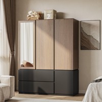 Armoire moderne haute autoportante en MDF avec 3 portes, miroir, 2 tringles de suspension et 2 tiroirs - Idéale pour salon et salle de sport