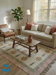 Floral Buti Block Print Cotton <b>Rug</b> 4x6 Handmade Carpet with Tassels <b>Boho</b> Floor Mat Living Room Decor - Product Image 3