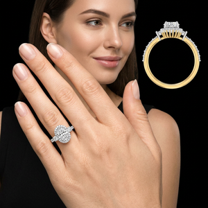 Bague de fiançailles exquise en diamant taille ovale, sertie d'un halo brillant et pavé, plaquée or, design sophistiqué bicolore pour anniversaire - Product Image 1