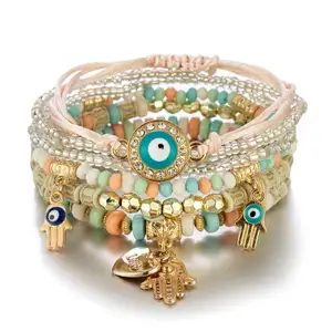Bracelet de pile de perles de rocaille de breloques de paume d'oeil multicouche fait à la main de mode de vente en gros Bestone