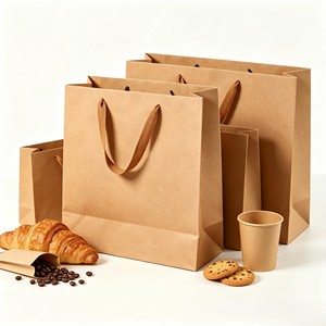 Sacs en papier kraft brun de qualité alimentaire personnalisés avec poignée plate en papier, recyclables, pour boulangerie, à emporter, cadeaux, sacs en papier personnalisés avec logo, vente en gros - Product Image 3