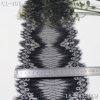 Dentelle Chantilly à cils de luxe 18 cm, tissu en dentelle Chantilly française noire brillante avec paillettes pour robe de soirée