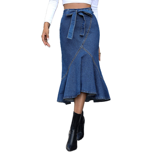 Özel Vintage yıkama streç yüksek bel Denim <span class=keywords><strong>Maxi</strong></span> bayanlar çiçek Mermaid Denim etek kadınlar uzun - Product Image 1