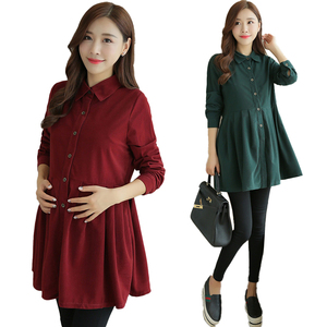 Pleated Waist Button Corduroy Maternity Blouses Spring Autumn <strong>Fashion</strong> <strong>Pregnancy</strong> Tunic Tops <strong>Clothes</strong> for Pregnant Women