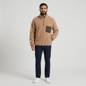 Autumn Warm Canvas Stand Collar Quarter Zip Windproof 100% Cotton <b>Long</b> Sleeve <b>Jackets</b> with Front Chest Pockets - Product Image 1