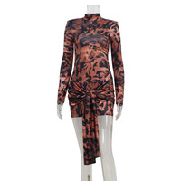 Robe mini pour femmes à imprimé tigre tendance estivale, col rond, manches longues, robe moulante à lacets