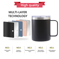 Tasses à café isothermes en acier inoxydable à double paroi avec revêtement poudré, personnalisables avec logo, 12 oz/14 oz/16 oz, avec poignée et couvercle