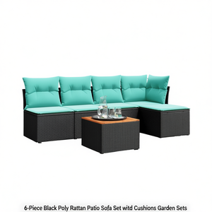 6 Piece Black Poly <b>Rattan</b> Patio <b>Sofa</b> Set With Cushions Outdoor Garden Furniture - Product Image 1