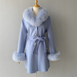 <span class=keywords><strong>Cappotto</strong></span> di lana fatto a mano elegante a doppio viso traspirante con colori personalizzati lusso con collo di pelliccia di vera volpe <span class=keywords><strong>cappotto</strong></span> di lana blu chiaro da donna invernale - Product Image 1